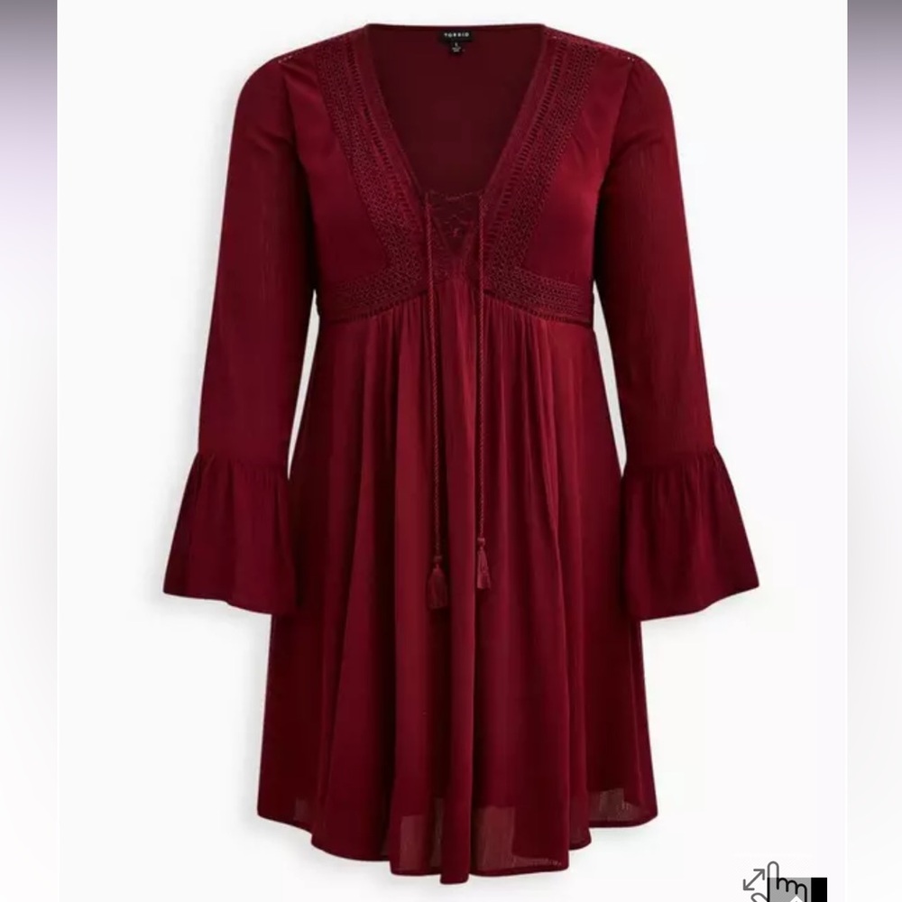 Torrid Zinfandel Long Sleeve Mini Gauze Lace Up Skater Dress